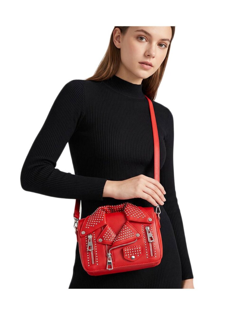 Tigerstars Red Studded Faux Leather Jacket Designed Crossbody Bag